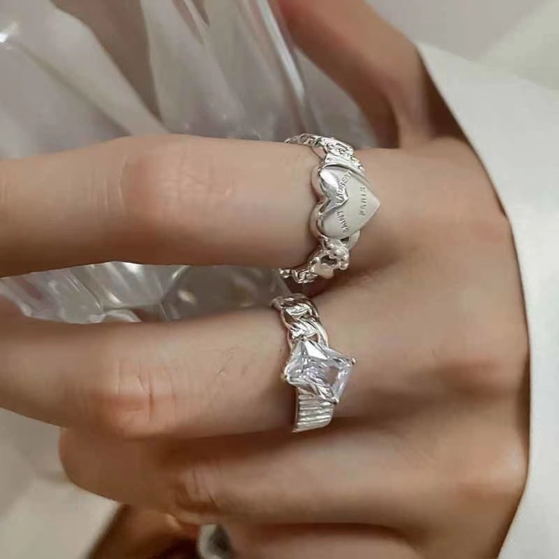 Stylish Heart Diamond Silver Wide Ring