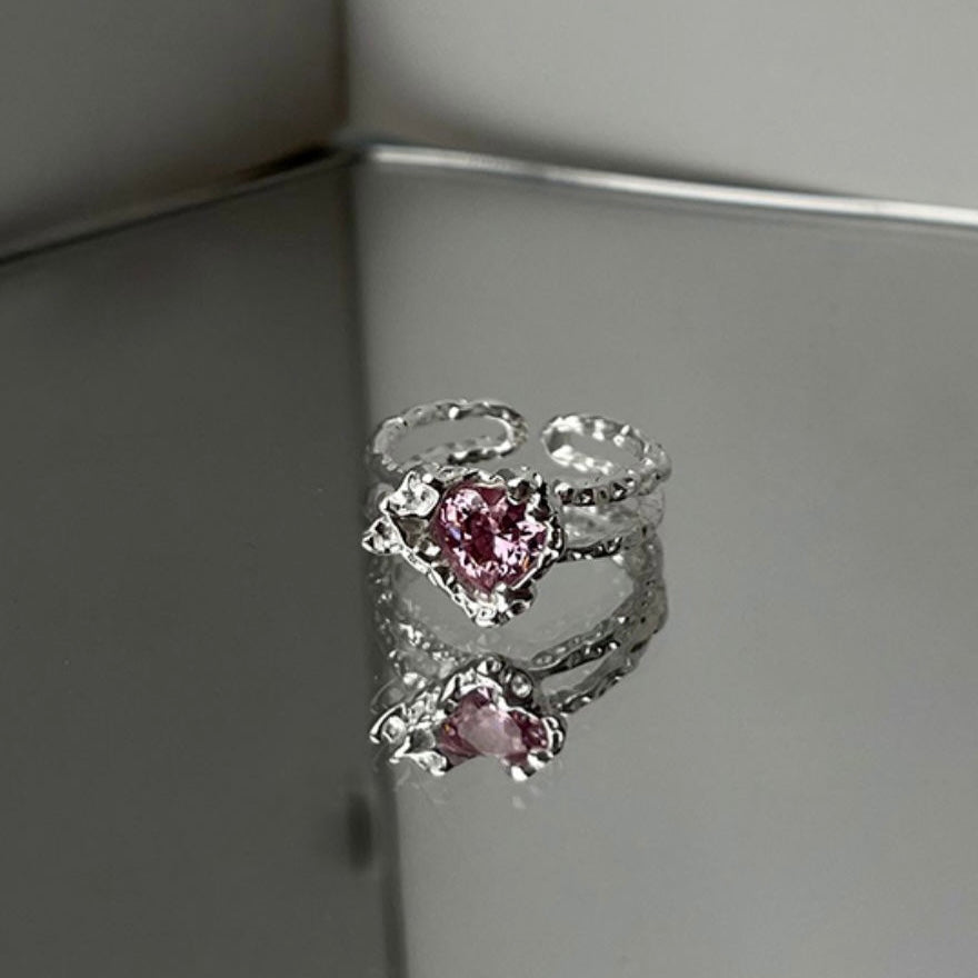 Silver Pink Diamond Loving Heart Ring