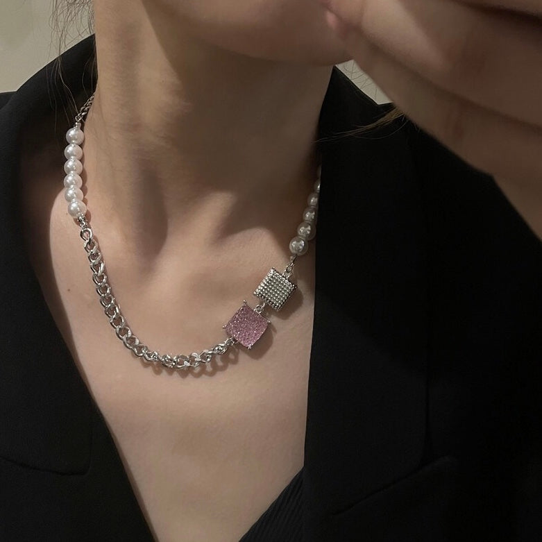 Pink Cube Stitching Pearl Necklace