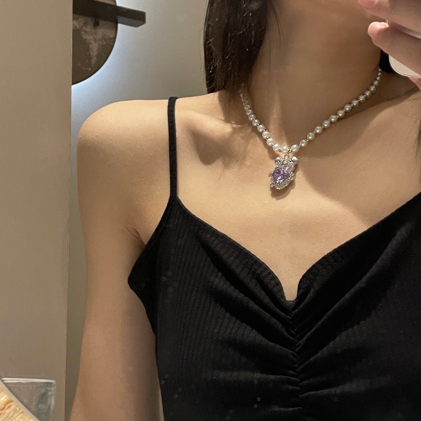 Dimond Bear Pearl Necklace With Loving Heart