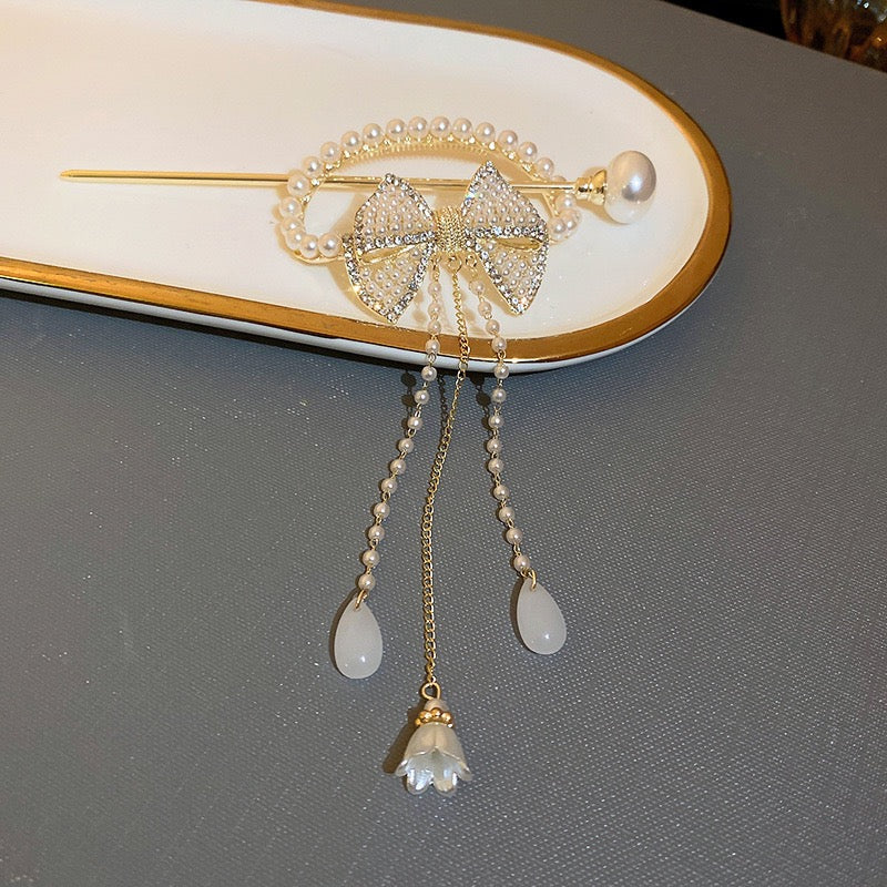 Diamond Pearl Bow Flower Drop Tassel Hairpin