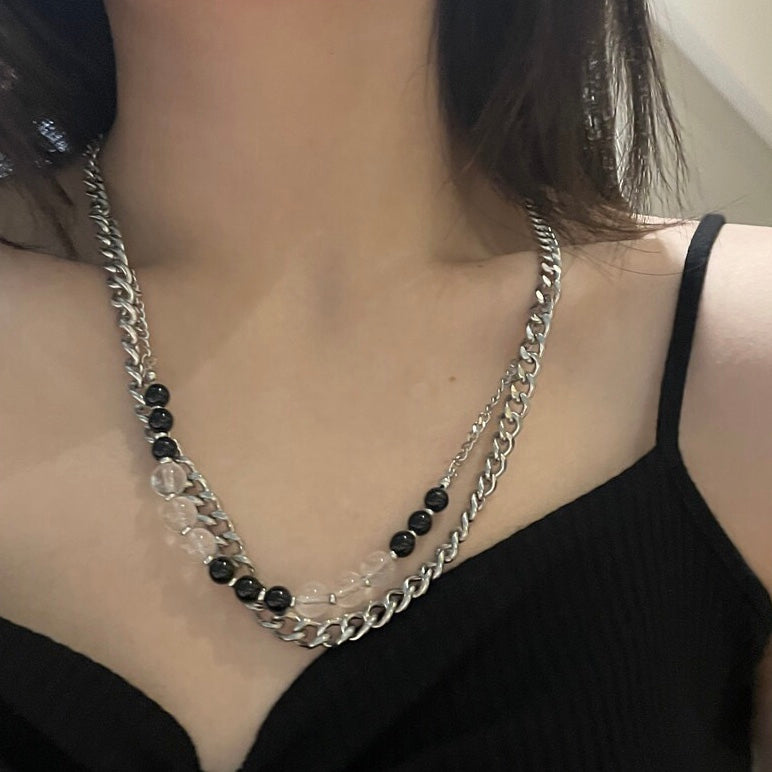 Beaded Cool Black Heart Necklace with Pearl