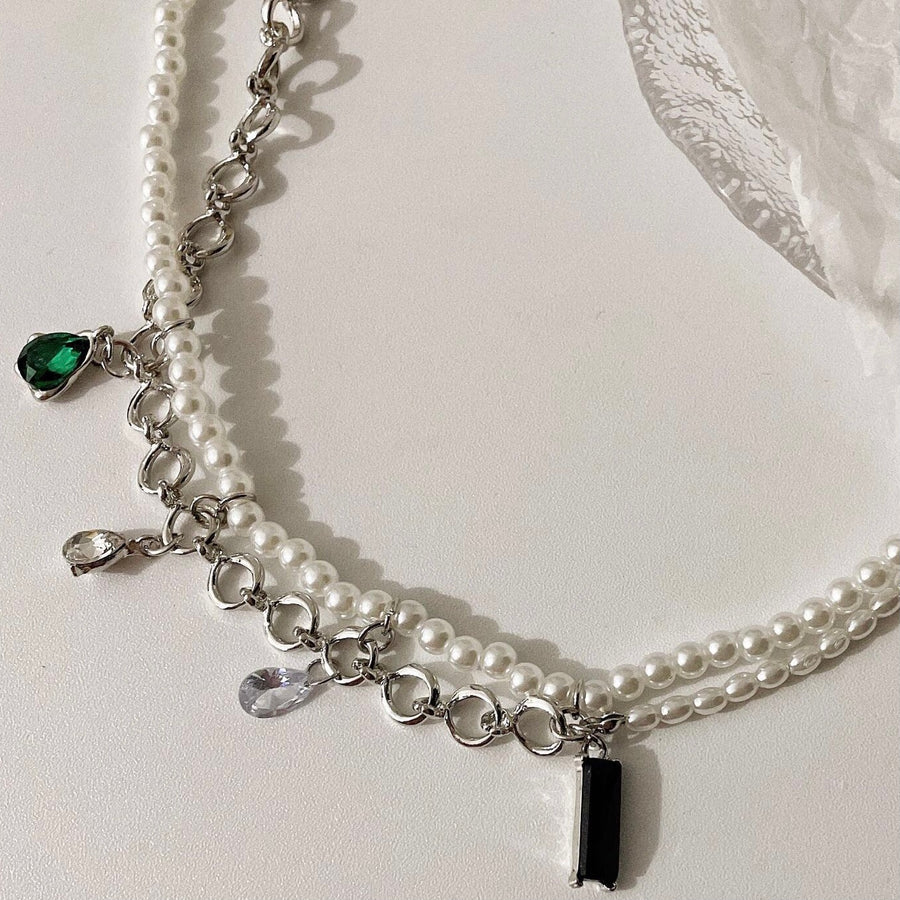 Black and Green Gemstone Pearl Double Layer Necklace