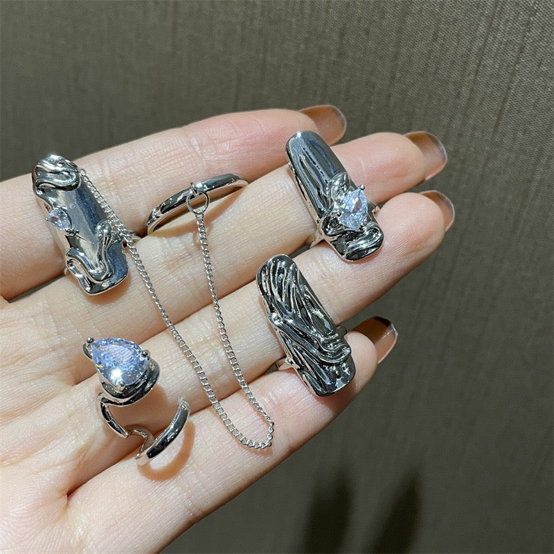 CyberPunk Silver Dimond Nail Ring (4 pieces)