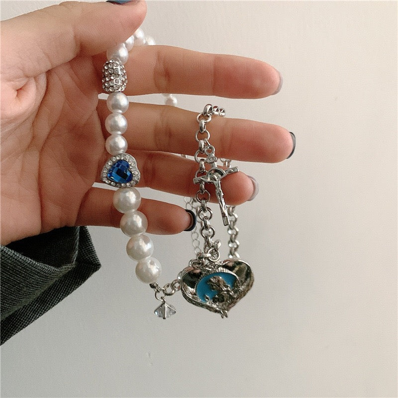 Chic Blue Heart Silver Pearl Necklace – Jalykuen