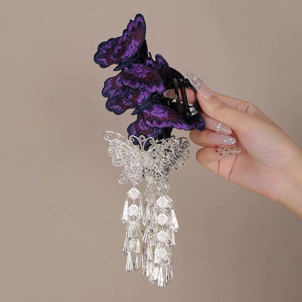 Embroidered Butterfly Tassel Claw Clip