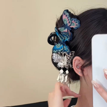 Embroidered Butterfly Tassel Claw Clip
