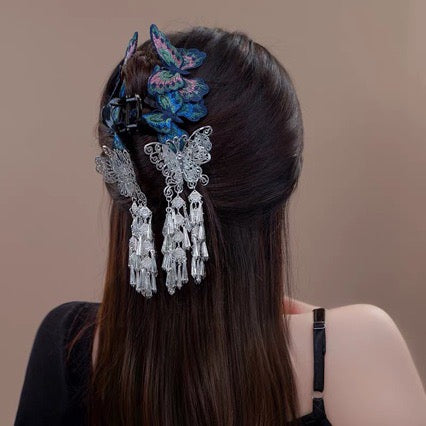 Embroidered Butterfly Tassel Claw Clip