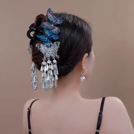 Embroidered Butterfly Tassel Claw Clip