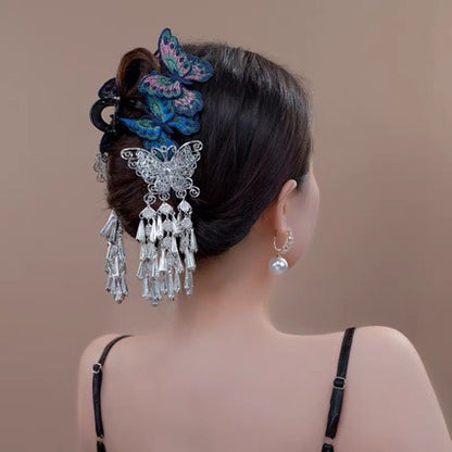 Embroidered Butterfly Tassel Claw Clip