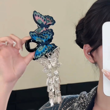 Embroidered Butterfly Tassel Claw Clip