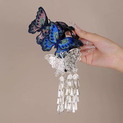Embroidered Butterfly Tassel Claw Clip