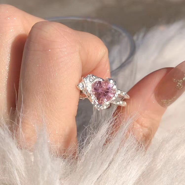 Silver Pink Diamond Loving Heart Ring