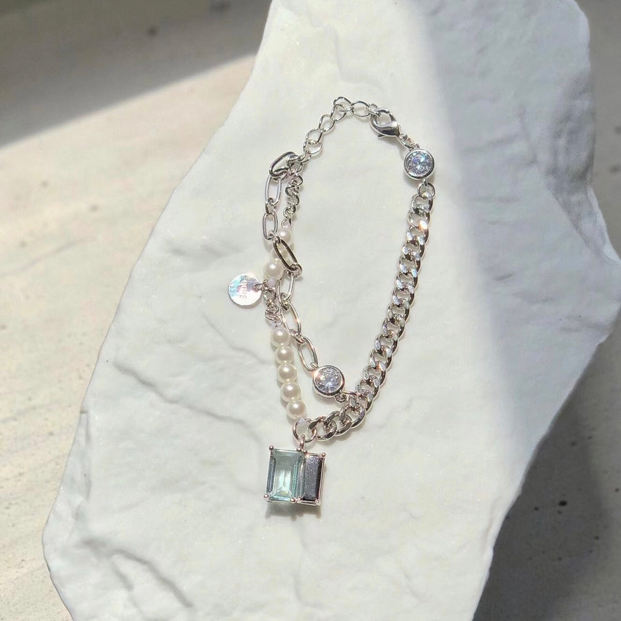 Mint Green Rhinestone Pearl Silver Bracelet