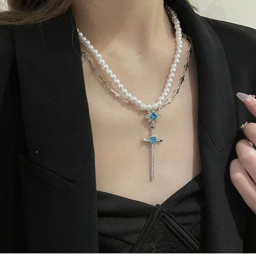 Cross Style Sapphire Pearl Necklace