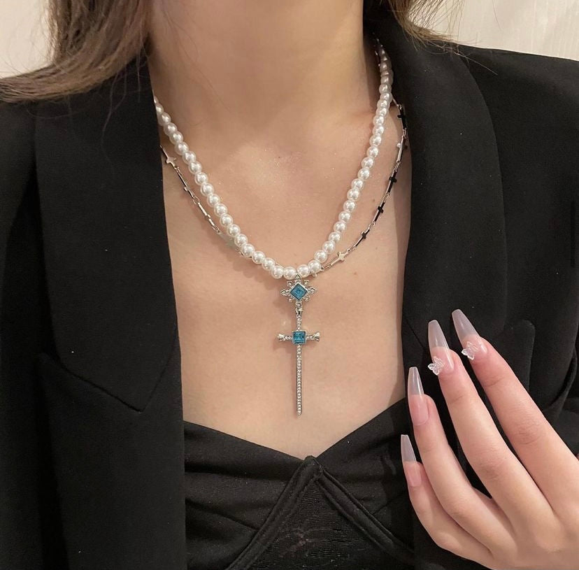 Cross Style Sapphire Pearl Necklace
