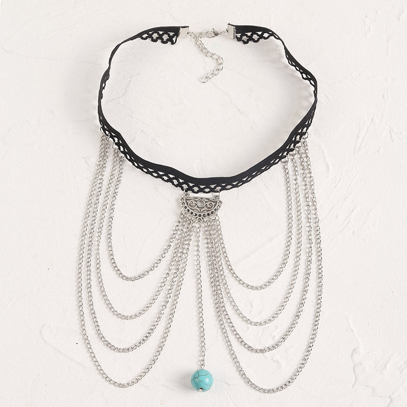 Black Laces Silver Leg Chain with Aqua Green Glaze Pendant