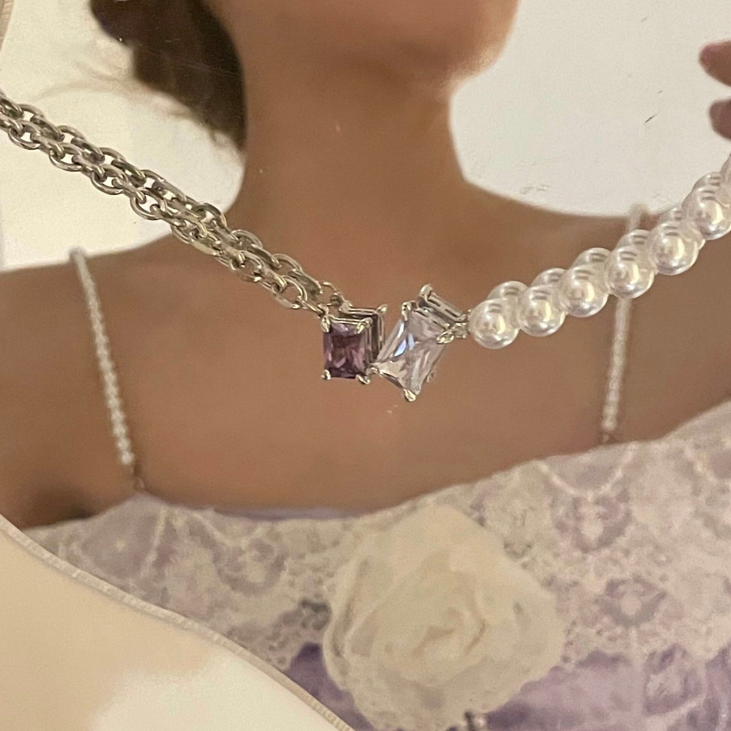 Purple Silver Square Diamond Pearl Necklace