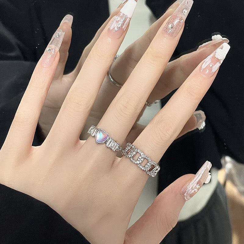 (Buy 1 get 1)Street Girl Rhinestone Silver Ring Set