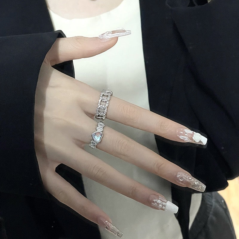 (Buy 1 get 1)Street Girl Rhinestone Silver Ring Set