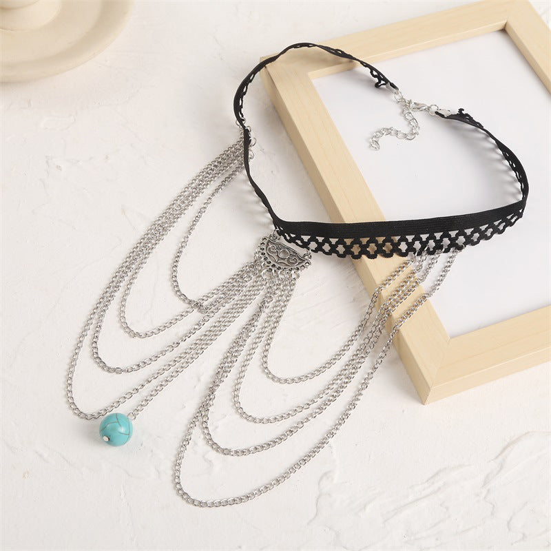 Black Laces Silver Leg Chain with Aqua Green Glaze Pendant