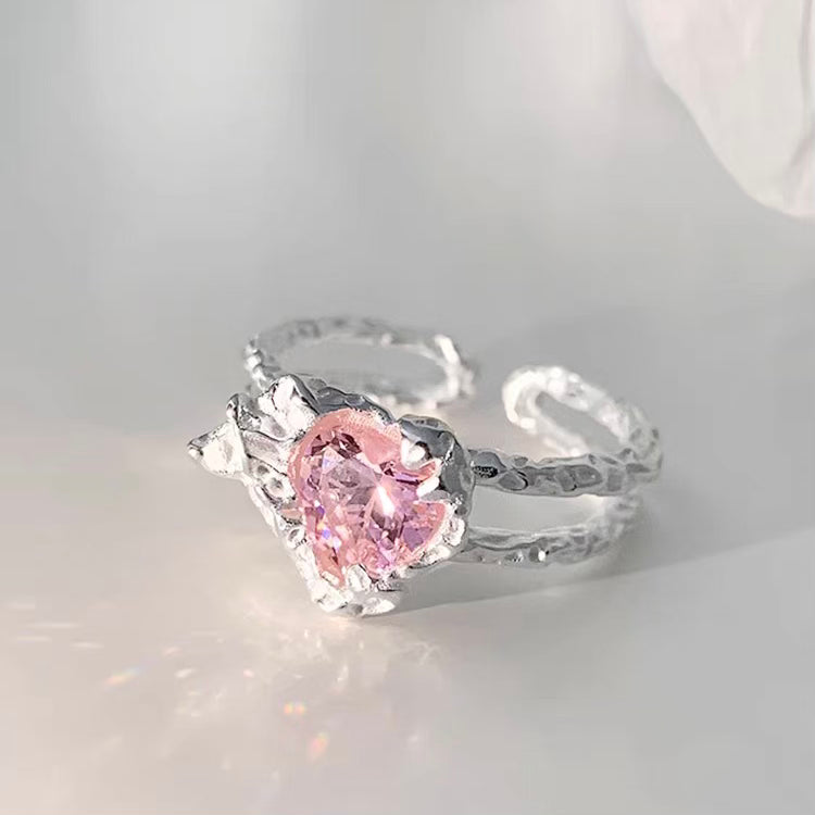 Silver Pink Diamond Loving Heart Ring