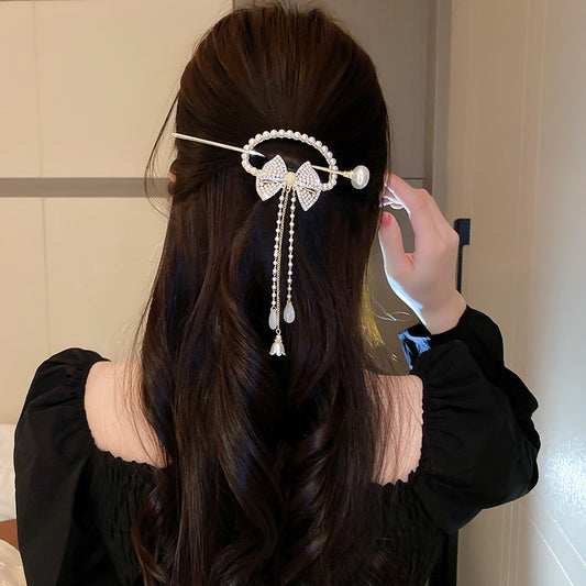 Diamond Pearl Bow Flower Drop Tassel Hairpin