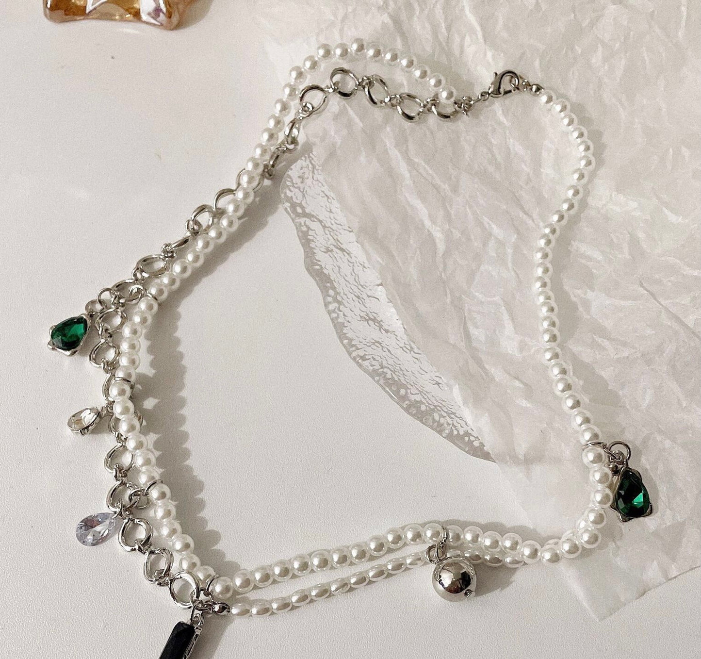 Black and Green Gemstone Pearl Double Layer Necklace