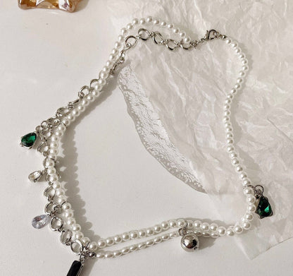 Black and Green Gemstone Pearl Double Layer Necklace