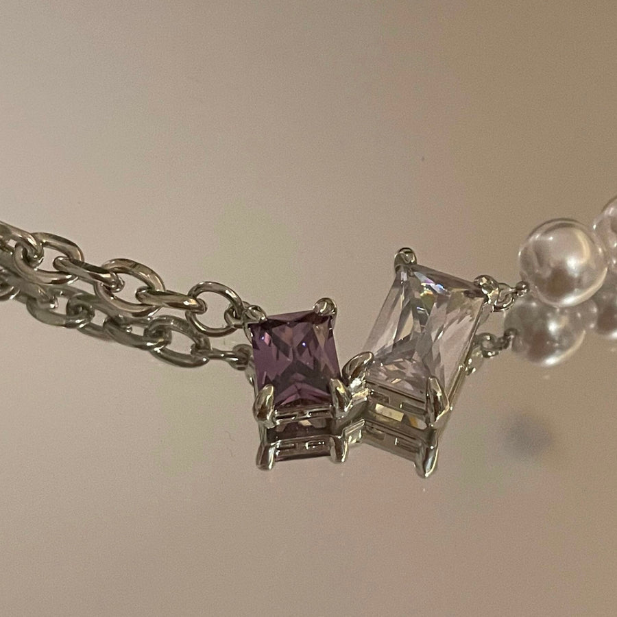 Purple Silver Square Diamond Pearl Necklace