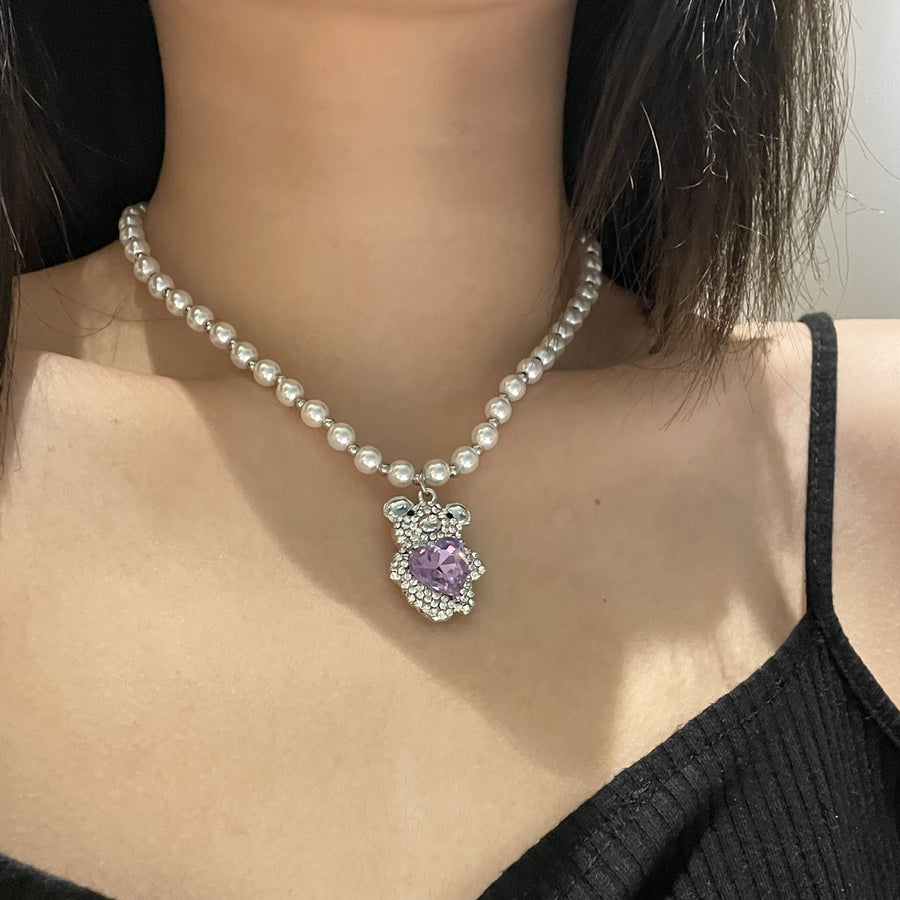 Dimond Bear Pearl Necklace With Loving Heart