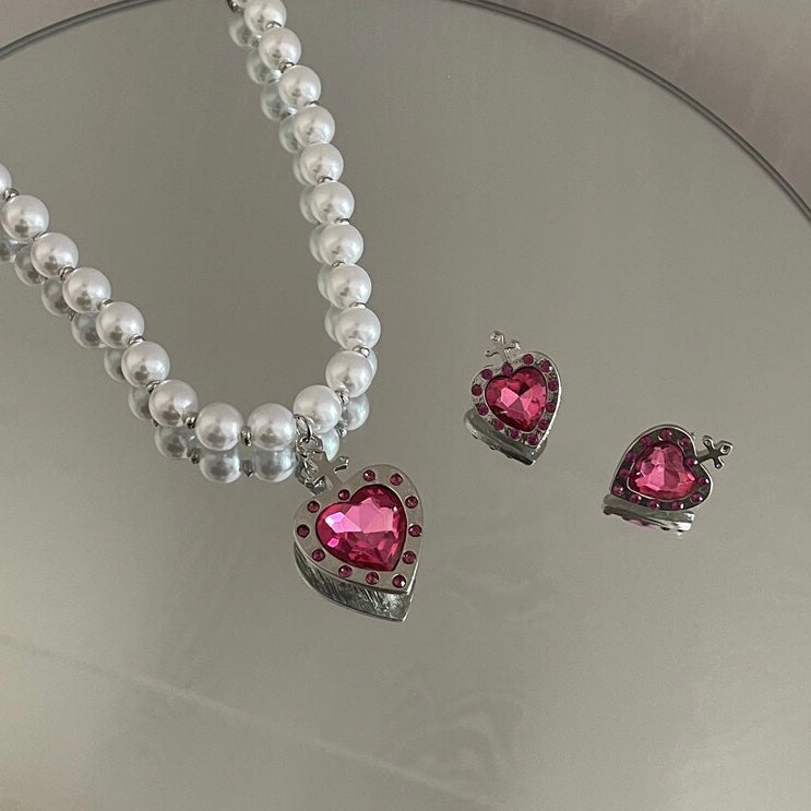 French Style Pink Diamond Heart Pearl Necklace and Earrings