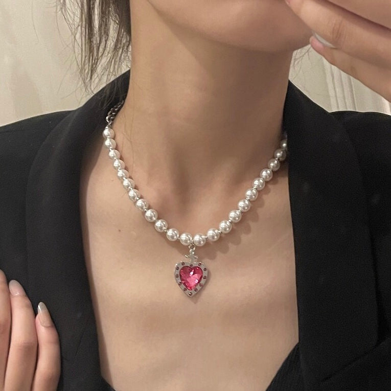 French Style Pink Diamond Heart Pearl Necklace and Earrings