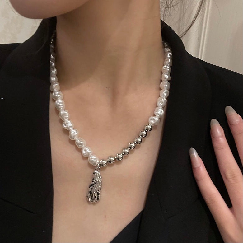 French Retro Shaped Pearl Necklace Lava Pendant