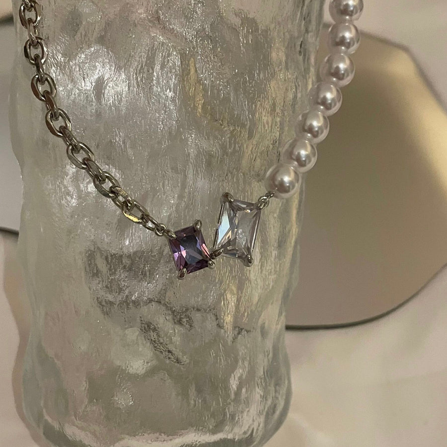 Purple Silver Square Diamond Pearl Necklace