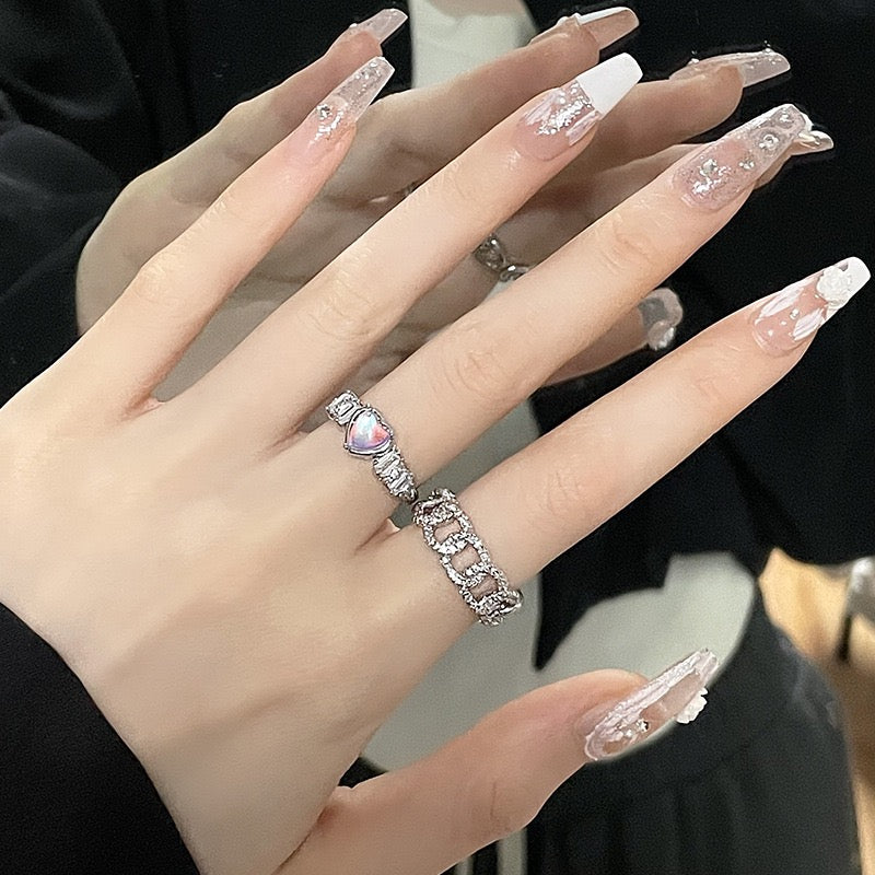 (Buy 1 get 1)Street Girl Rhinestone Silver Ring Set