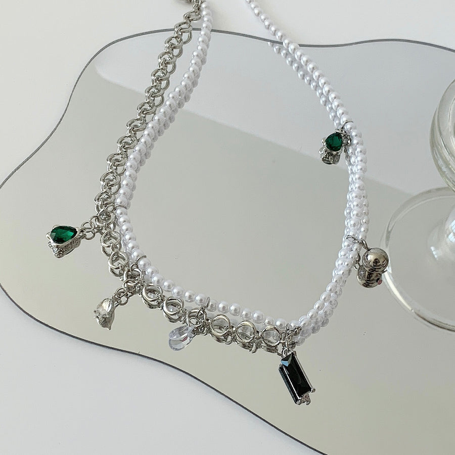 Black and Green Gemstone Pearl Double Layer Necklace