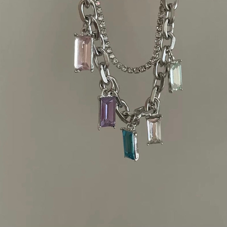 Double Layered Metallic Necklace with Colored Stone Pendant