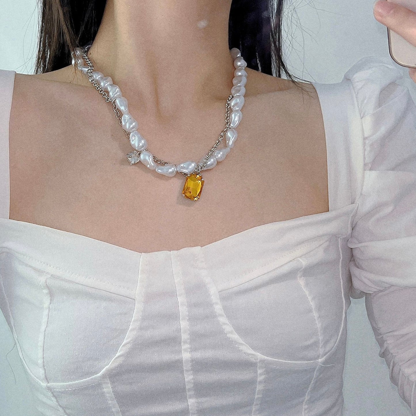 Shaped Pearl Necklace with Yellow Square Dimond