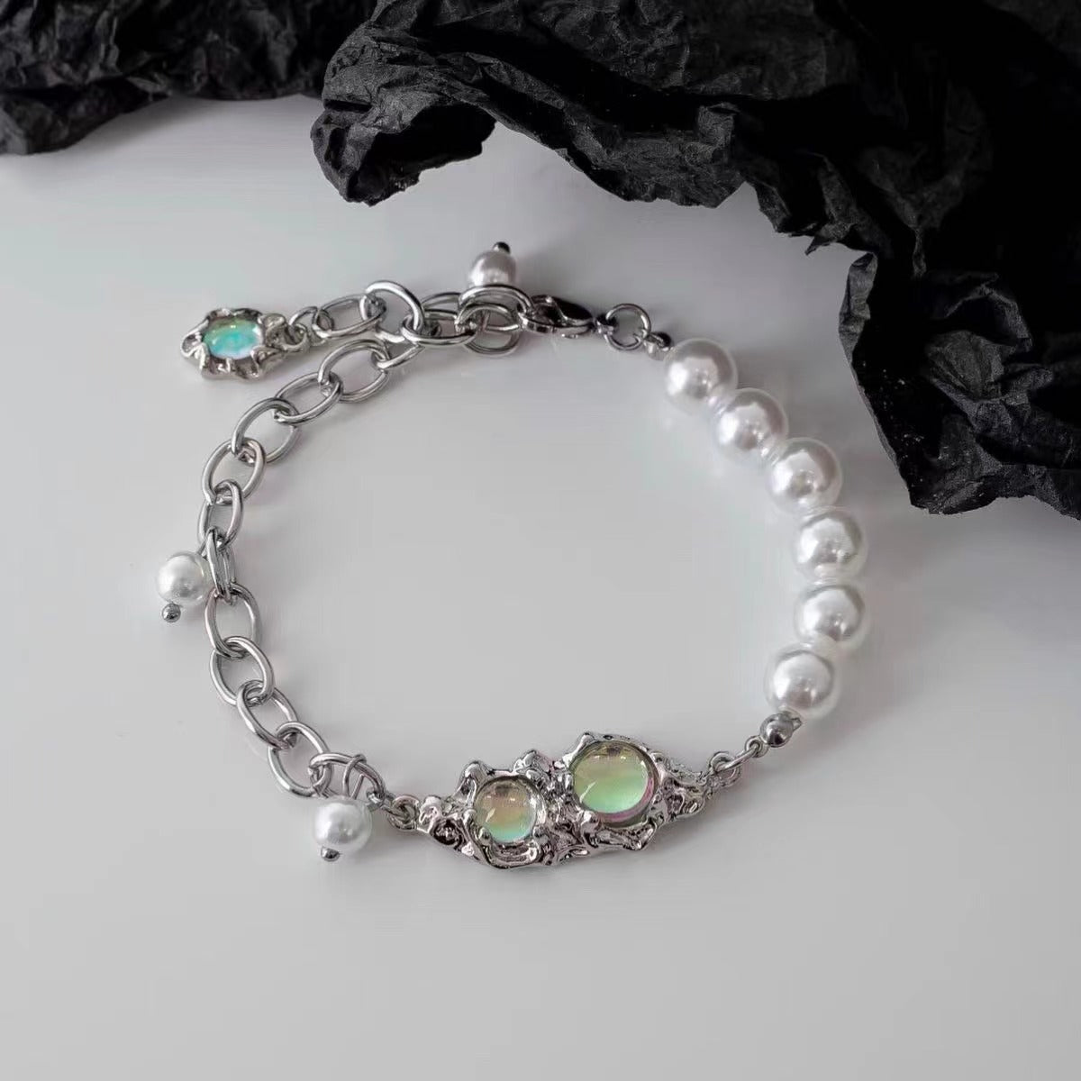 Moonstone Silver Thorn&Pearl Bracelet