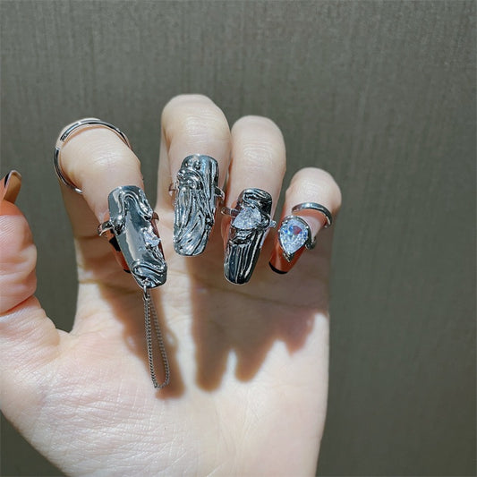 CyberPunk Silver Dimond Nail Ring (4 pieces)