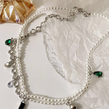 Black and Green Gemstone Pearl Double Layer Necklace