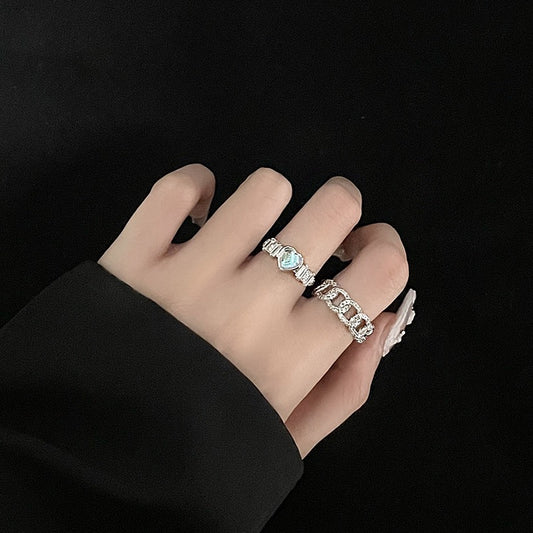 (Buy 1 get 1)Street Girl Rhinestone Silver Ring Set