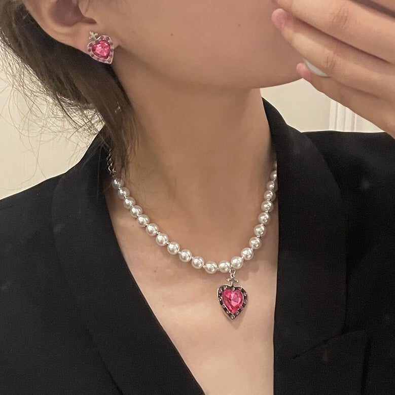 French Style Pink Diamond Heart Pearl Necklace and Earrings