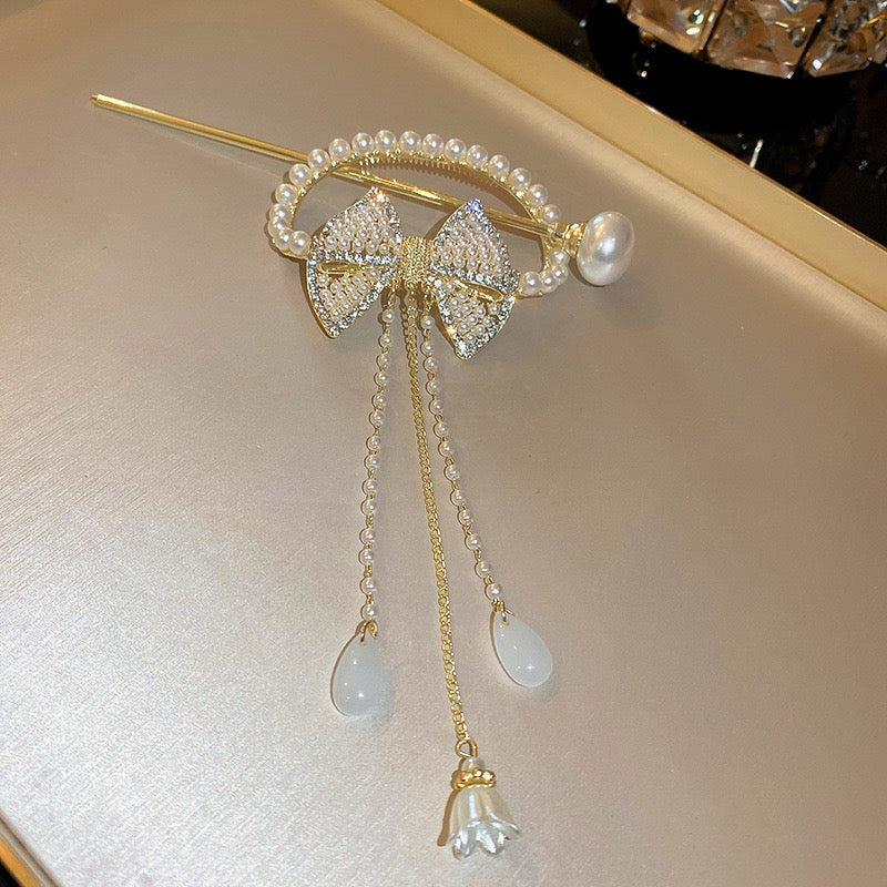 Diamond Pearl Bow Flower Drop Tassel Hairpin