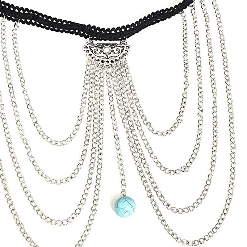 Black Laces Silver Leg Chain with Aqua Green Glaze Pendant