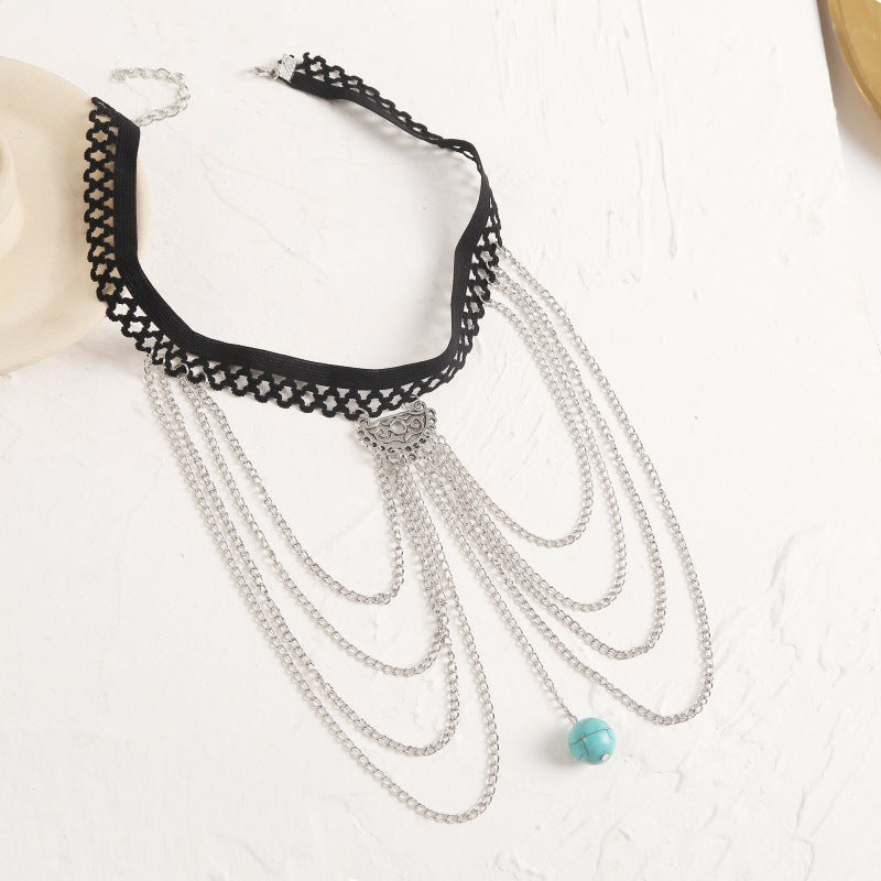 Black Laces Silver Leg Chain with Aqua Green Glaze Pendant