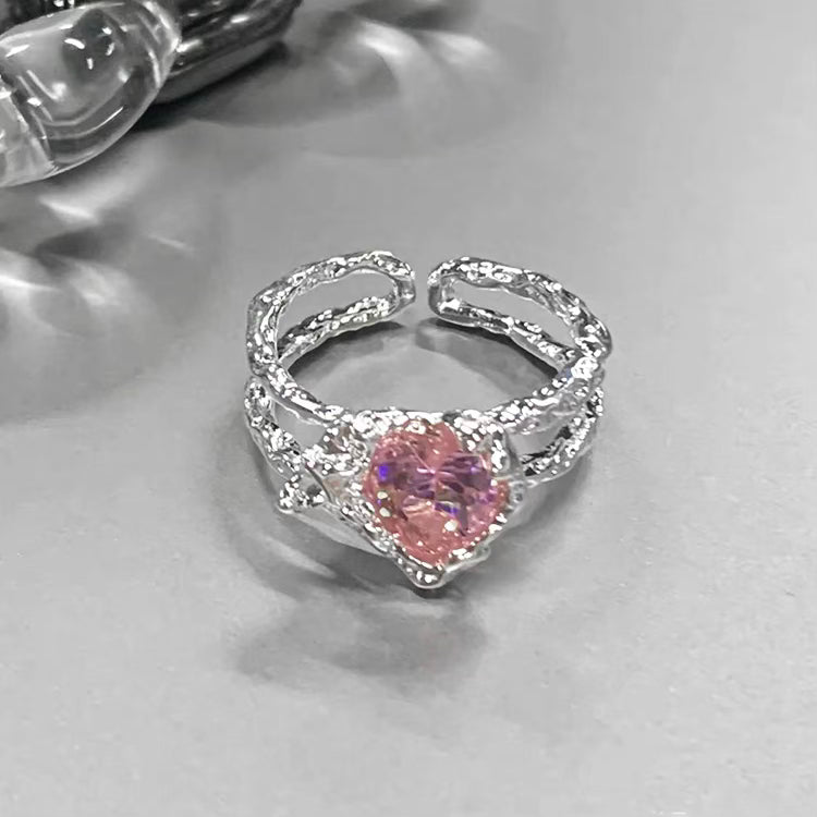 Silver Pink Diamond Loving Heart Ring