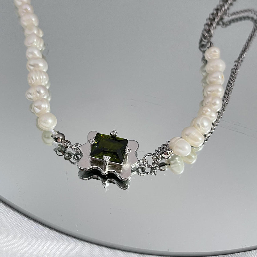 Green Diamond Patchwork Pearl Necklace